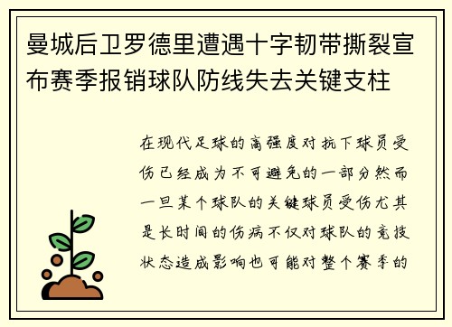 曼城后卫罗德里遭遇十字韧带撕裂宣布赛季报销球队防线失去关键支柱