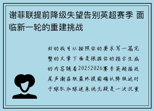 谢菲联提前降级失望告别英超赛季 面临新一轮的重建挑战