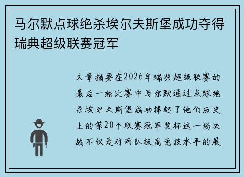 马尔默点球绝杀埃尔夫斯堡成功夺得瑞典超级联赛冠军